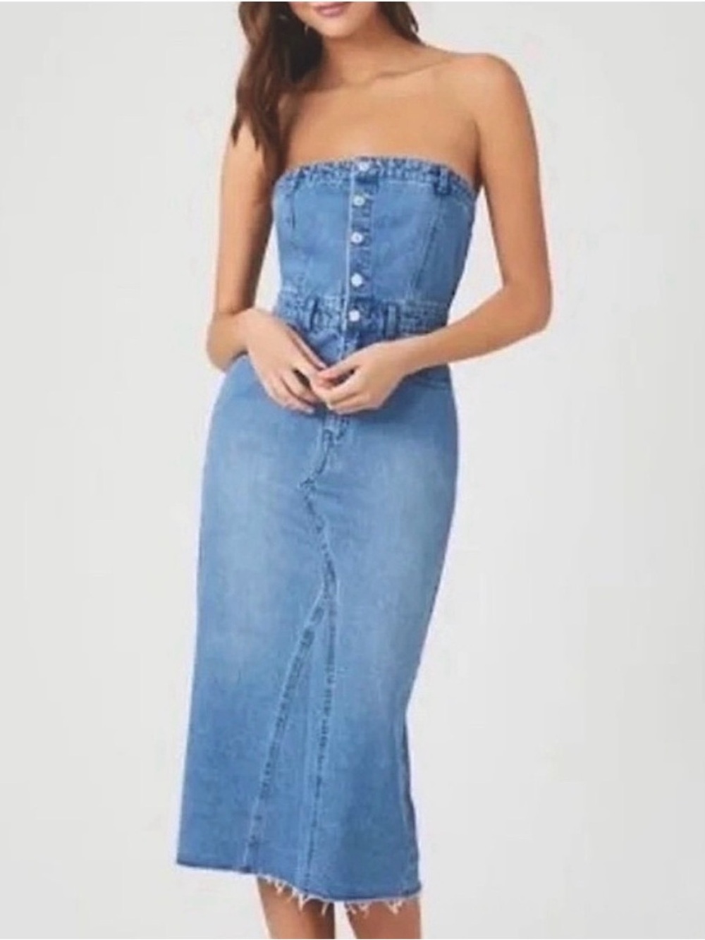 Sincerely Jules Blue Strapless Denim Midi Dress